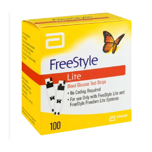 Box of FreeStyle Lite blood glucose test strips with a butterfly graphic on a white background